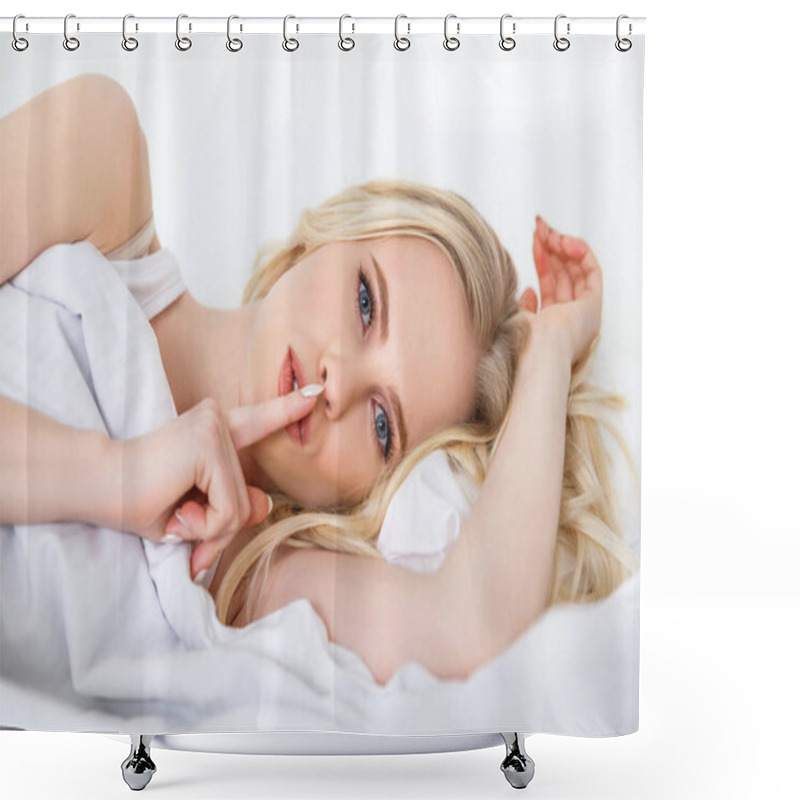 Personality  Beautiful Young Woman Gesturing For Silence And Looking At Camera While Lying In Bed Shower Curtains