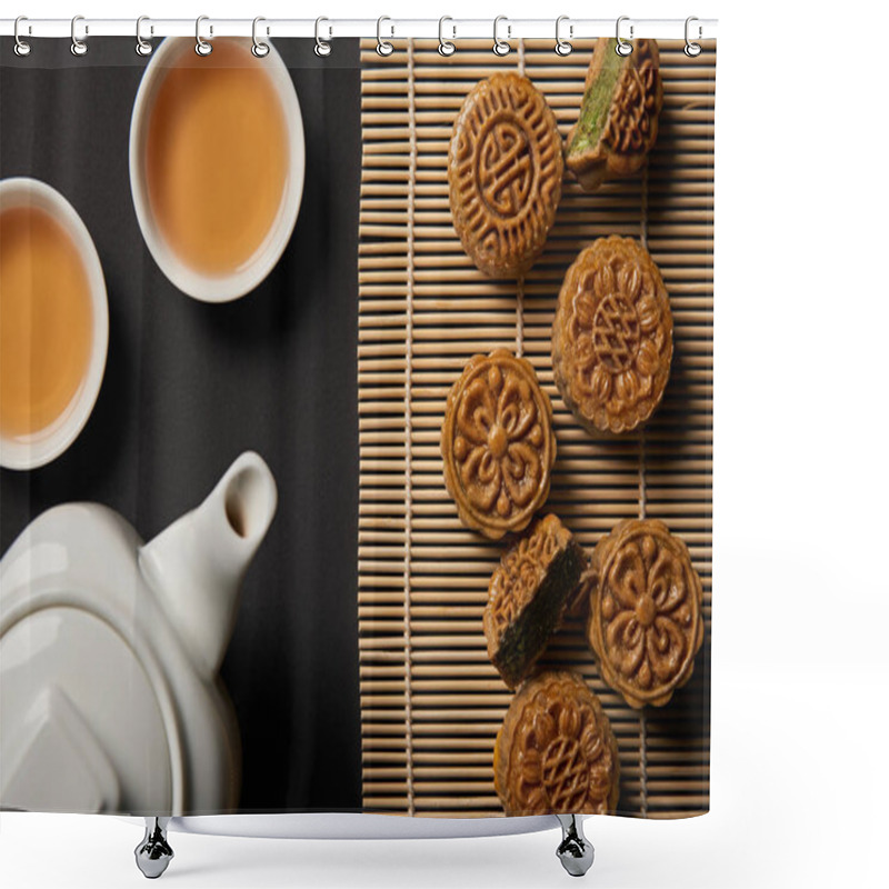 Personality  Top View Of Traditional Mooncakes, Tea Pot And Cups On Bamboo Table Mat Shower Curtains