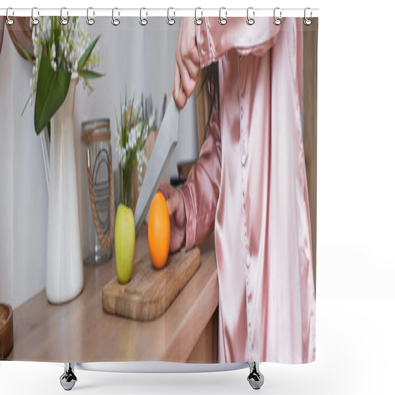 Personality  Cropped View Of Young Woman In Pink Silk Pajamas Cutting Fruits In Kitchen, Banner Shower Curtains