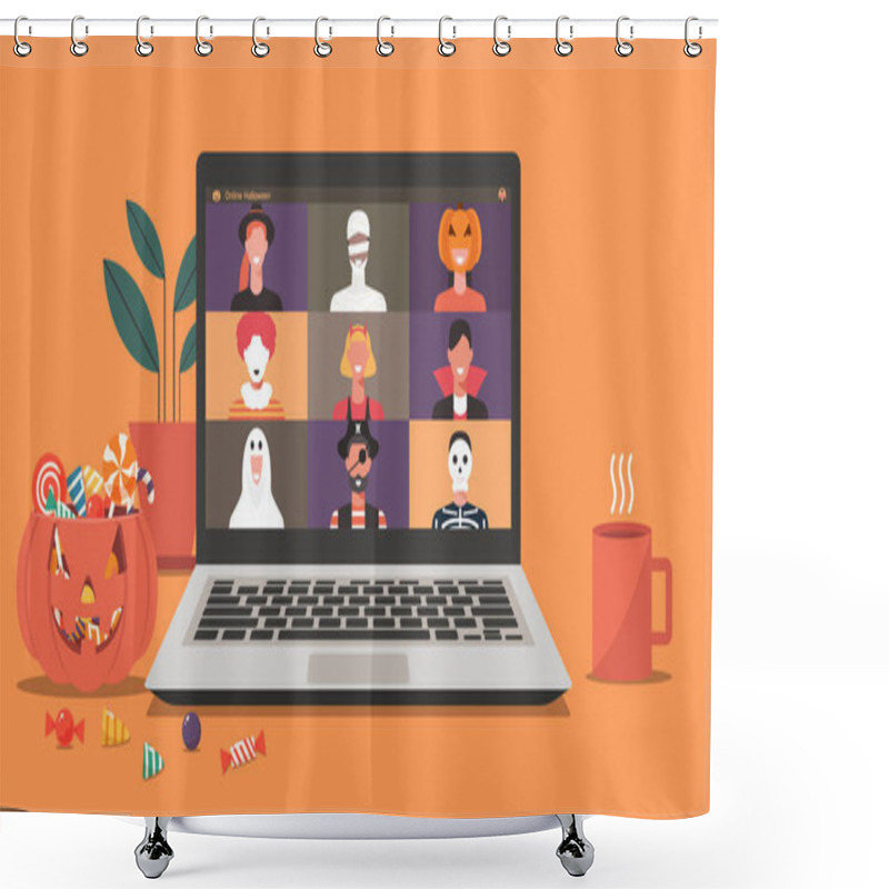 Personality  Online Halloween Party Concept, People In Horror Costumes On Laptop Screen Have Video Conference To Celebrate Festival, Friends Meeting Or Connecting Together On Video Call, Flat Illustration Shower Curtains