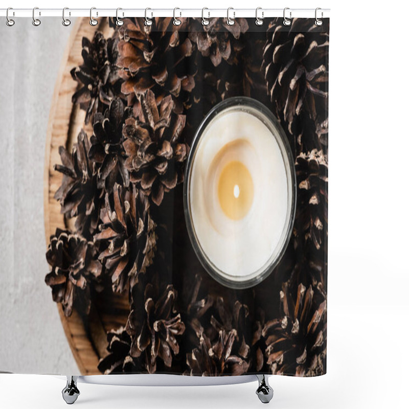 Personality  Top View Of Scented Candle With Pine Cones On Wooden Plate  Shower Curtains