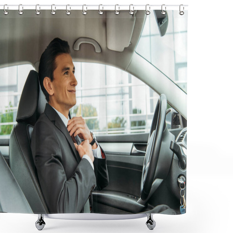 Personality  Smiling Businessman Adjusting Tie And Looking In Mirror Of Drone Car Shower Curtains