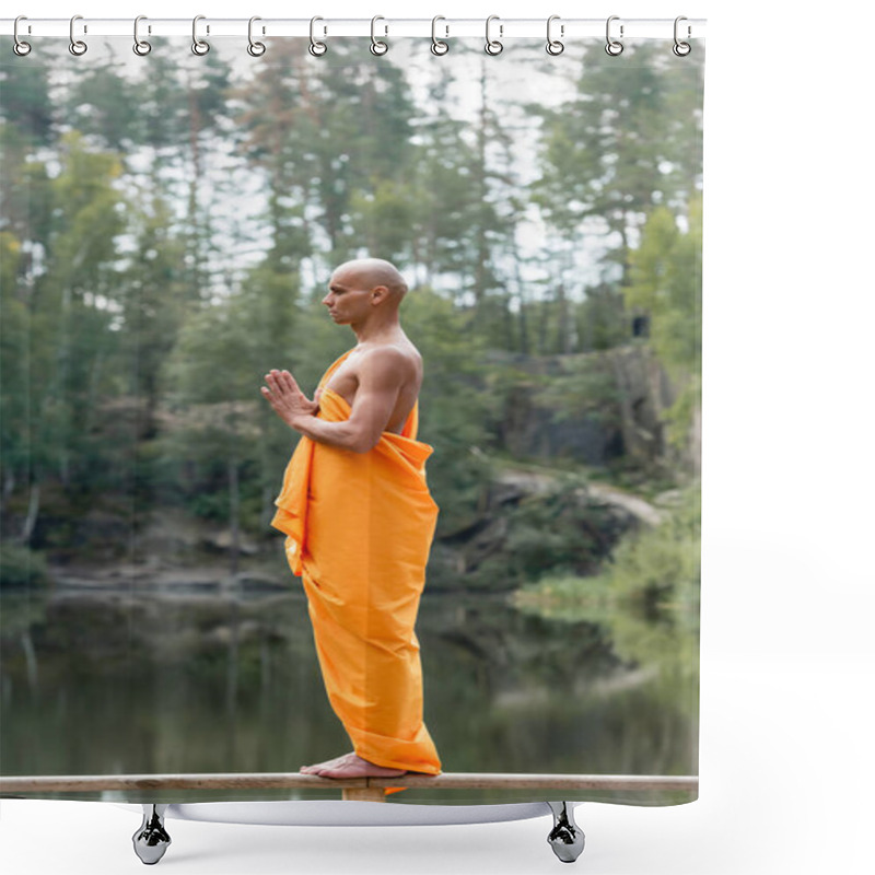 Personality  Barefoot Buddhist Standing On Wooden Fence In Forest While Meditating With Praying Hands Shower Curtains