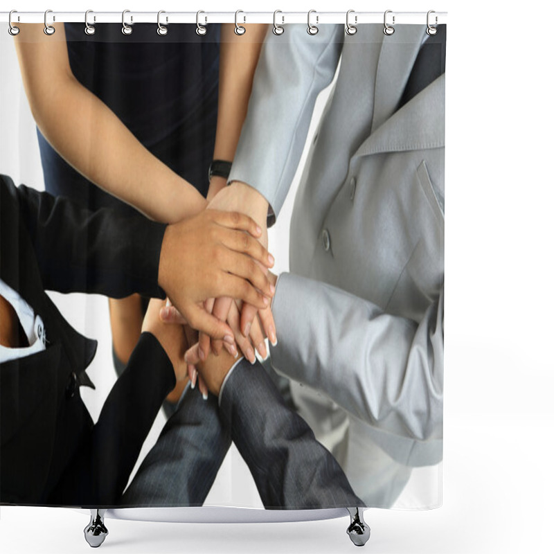 Personality  Image Of Business Partners Hands On Top Of Each Other Symbolizing Companionship And Unity Shower Curtains