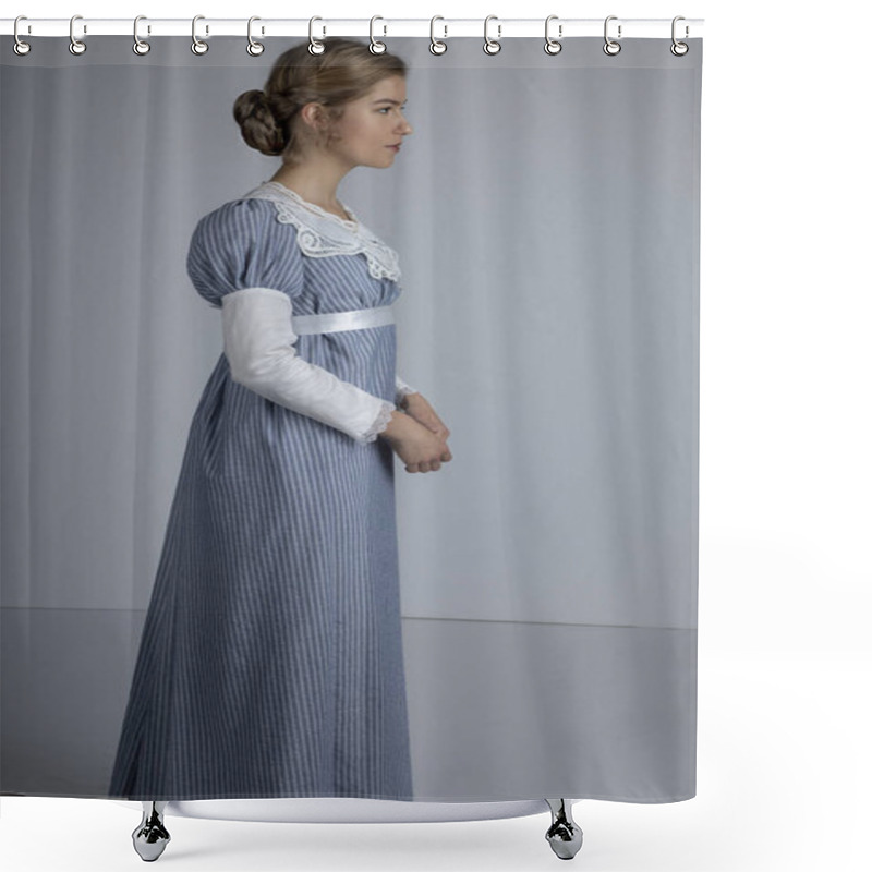 Personality  Regency Woman In Blue Dress Shower Curtains