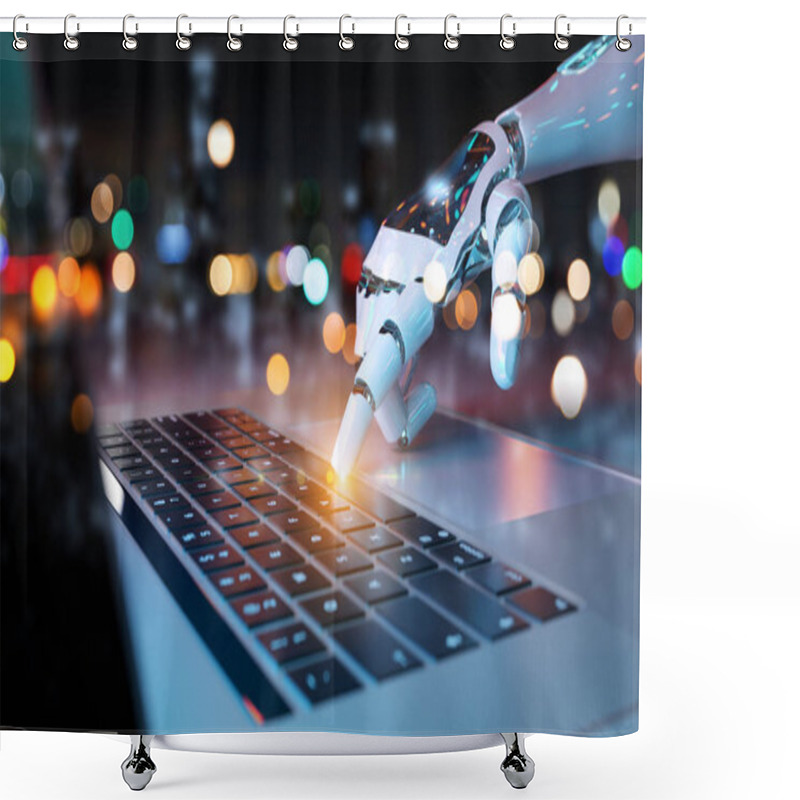 Personality  Robotic Cyborg Hand Pressing A Keyboard On A Laptop 3D Rendering Shower Curtains