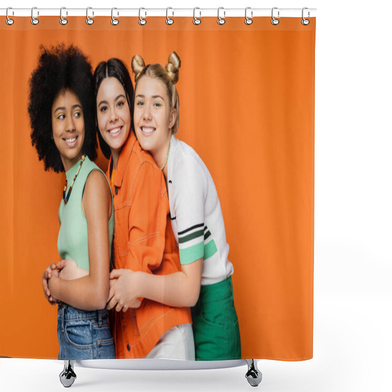 Personality  Positive Blonde Teenager With Bold Makeup Hugging Stylish Multiethnic Girlfriends In Casual Outfits And Looking At Camera On Orange Background, Fashionable And Trendy Clothes Shower Curtains