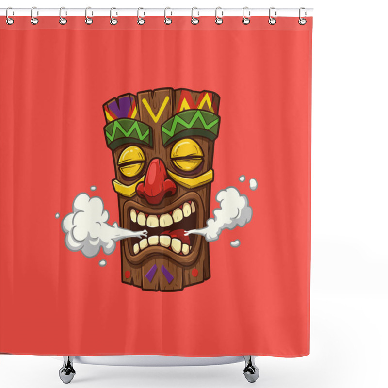 Personality  A Comical Cartoon Tiki Mask With Exaggerated Features Exhales White Smoke Clouds Against A Red Background. Shower Curtains