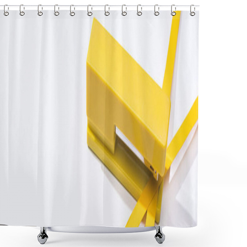 Personality  Panoramic Shot Of Stapler And Paper Strips On White Background  Shower Curtains