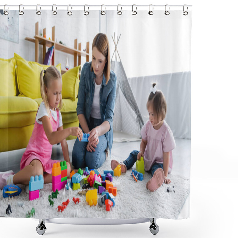 Personality  Kindergarten Teacher Playing Building Blocks With Preschooler Girl And Toddler Kid With Down Syndrome  Shower Curtains