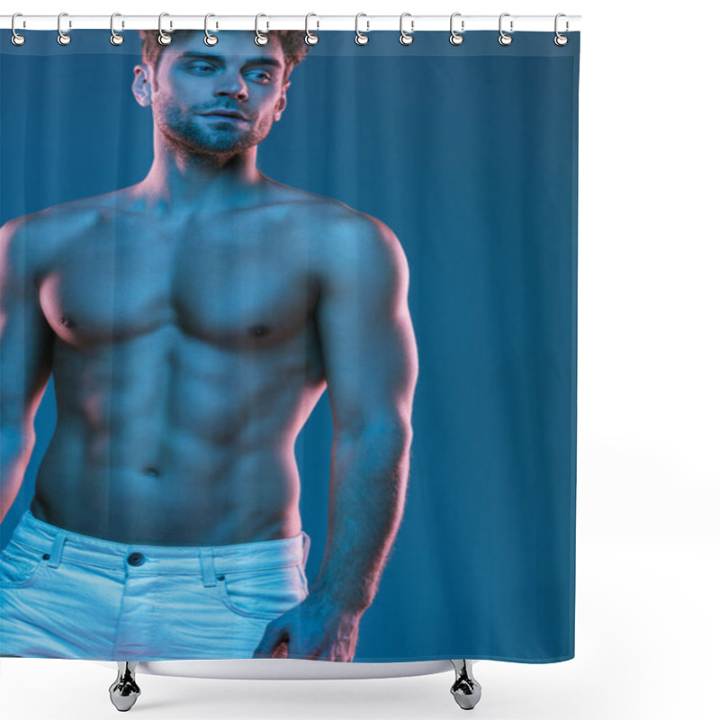 Personality  Sexy, Muscular Man In White Jeans Looking Away While Standing Isolated On Blue Shower Curtains