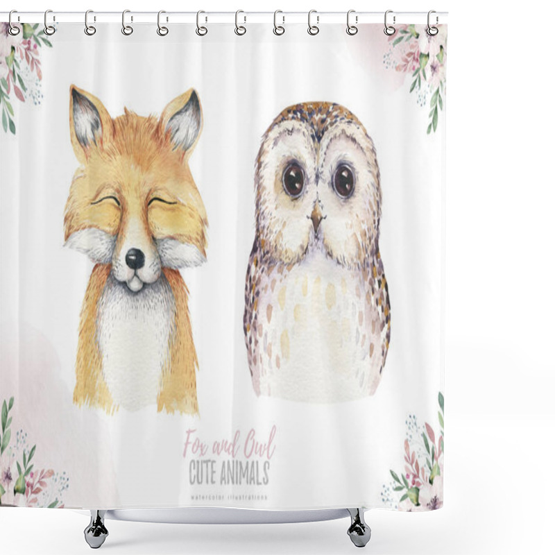 Personality  Watercolor Set Of Forest Cartoon Isolated Cute Baby Fox, Deer, Raccoon And Owl Animal With Flowers.  Shower Curtains