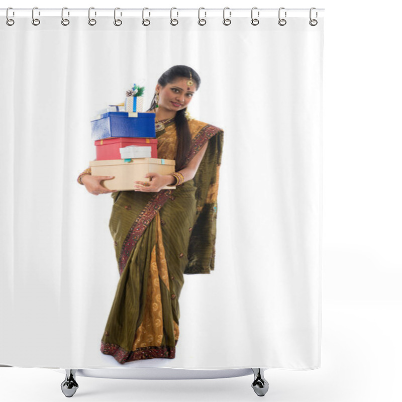 Personality  Portrait Of A Woman In Traditional Saree Holding Gifts And Smili Shower Curtains