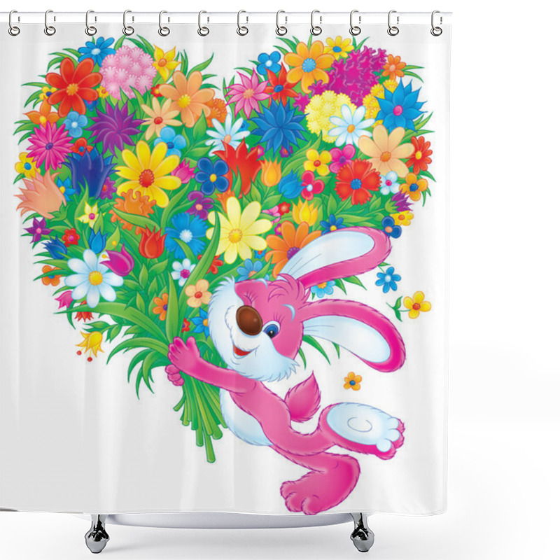 Personality  Bunny Rabbit Carrying A Large Heart Shaped Floral Bouquet Shower Curtains