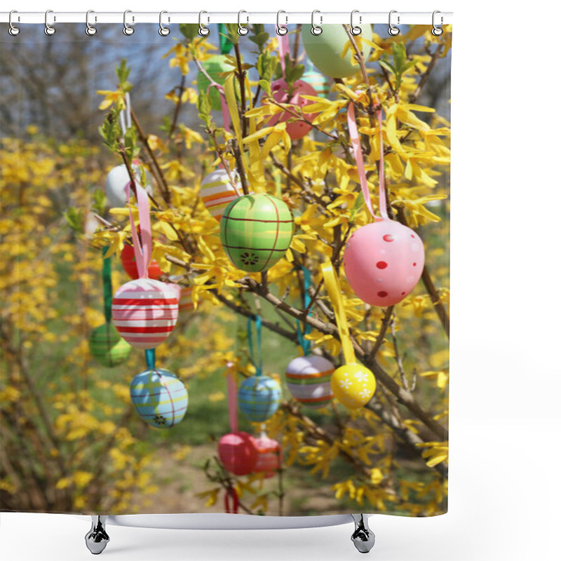 Personality  Beautifully Painted Easter Eggs Hanging On Tree Outdoors, Closeup Shower Curtains