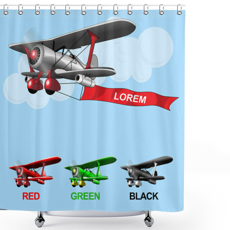 Personality  Old Airplane Model Flying In The Sky With Clouds, Silver, Green And Black Set Collection Over Blue Background. Digital Vector Image. Shower Curtains