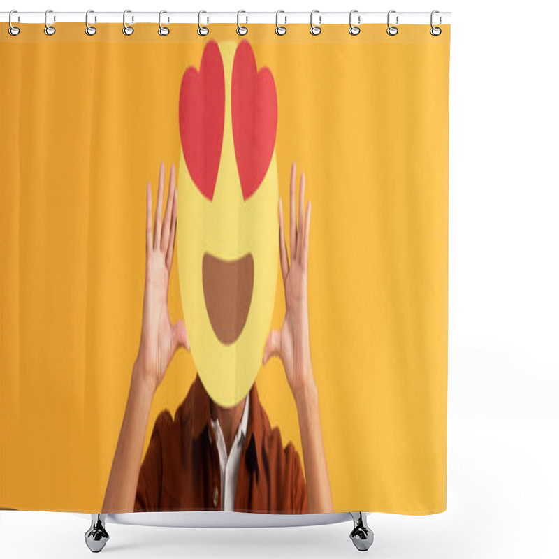 Personality  KYIV, UKRAINE - SEPTEMBER 24, 2019: Panoramic Shot Of Man Covering Face With Heart Eyes Cartoon Emoticon Isolated On Orange  Shower Curtains