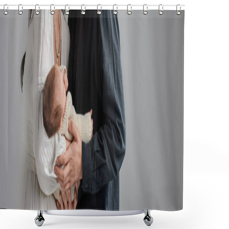 Personality  Adorable Newborn Baby Boy In Arms Of His Loving Parents On Gray Backdrop, Family Concept, Banner Shower Curtains