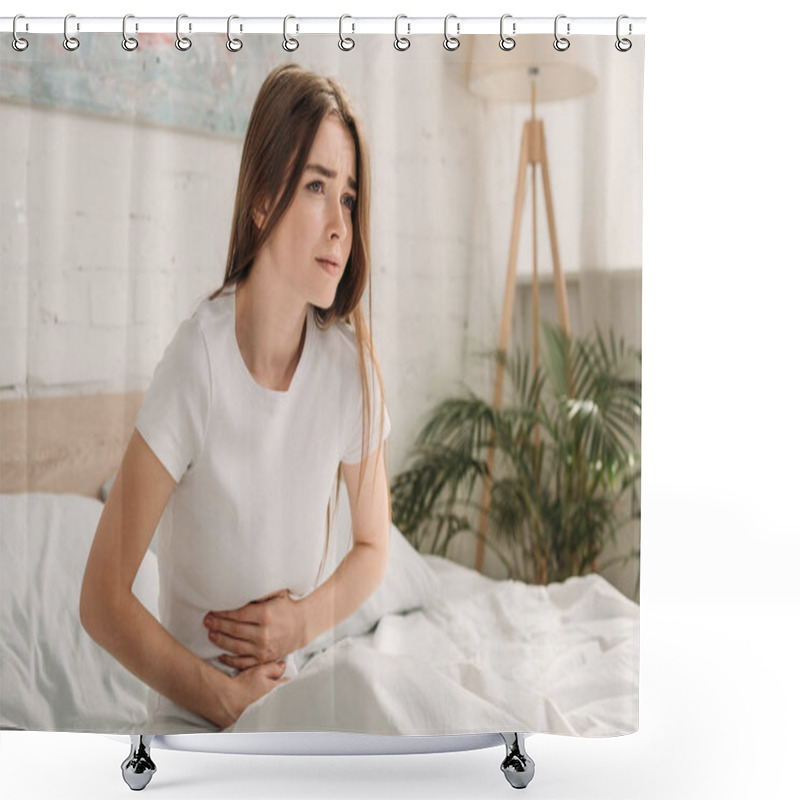 Personality  Upset Girl Touching Stomach While Suffering From Abdominal Pain Shower Curtains