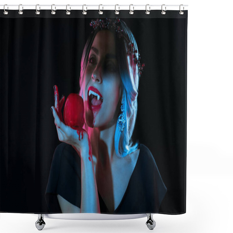 Personality  Attractive Vampire Woman Bitting Red Bloody Apple Isolated On Black Shower Curtains