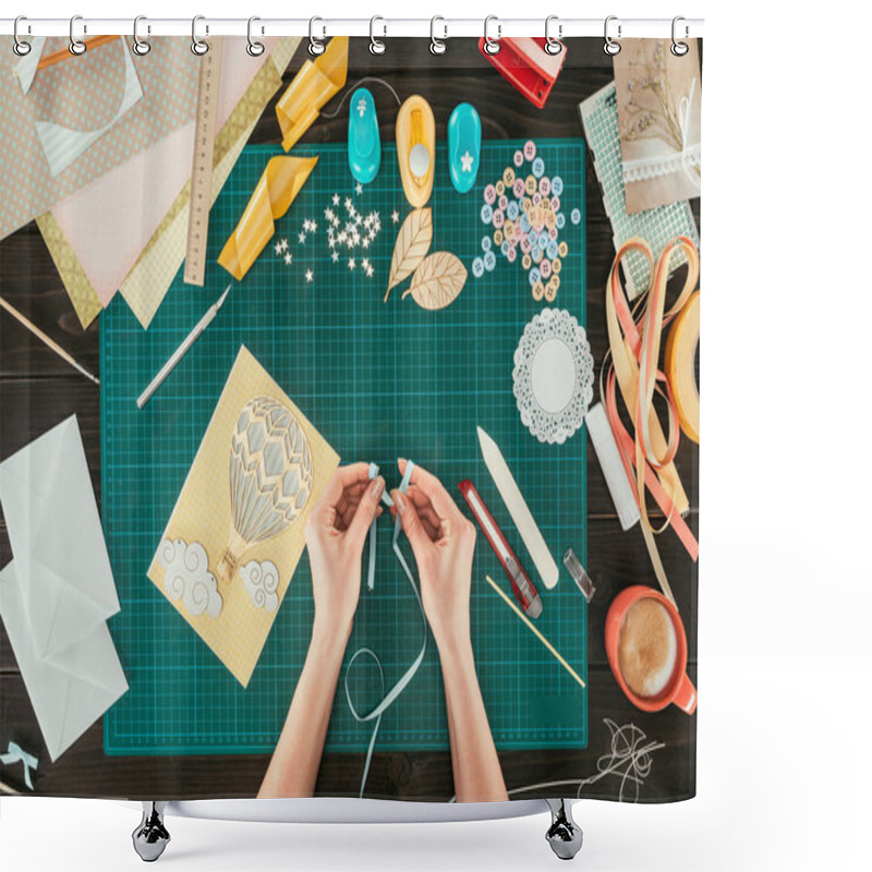 Personality  Cropped Image Of Designer Making Bow With Ribbon Shower Curtains