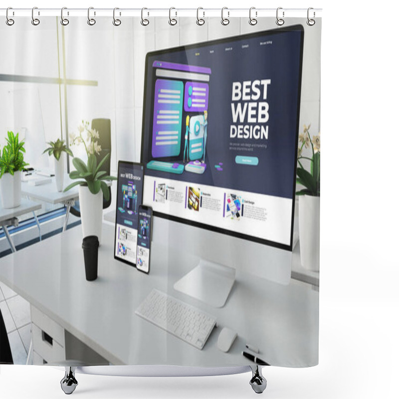 Personality  Web Design Website Screen Devices Mockup At Coworking Office 3d Rendering Shower Curtains