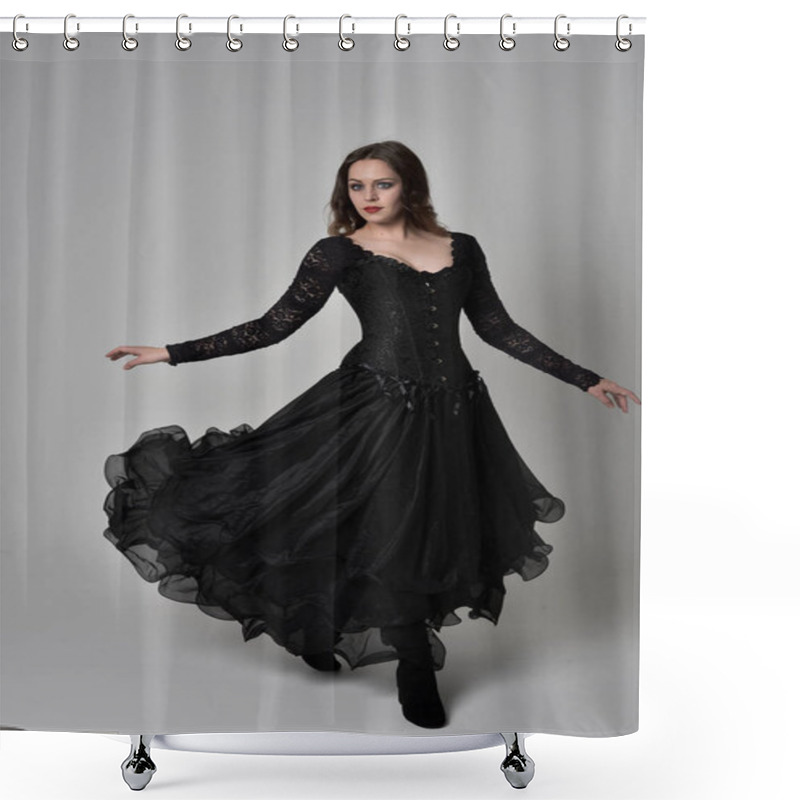 Personality  Full Length Portrait Of Brunette Girl Wearing Long Black Lace Gown Wit Corset. Standing Pose, Isolated On Grey Studio Background. Shower Curtains