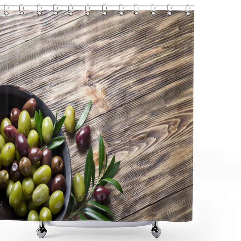 Personality  Wooden Bowl Full Of Olives And Olive Twigs Besides It. Shower Curtains