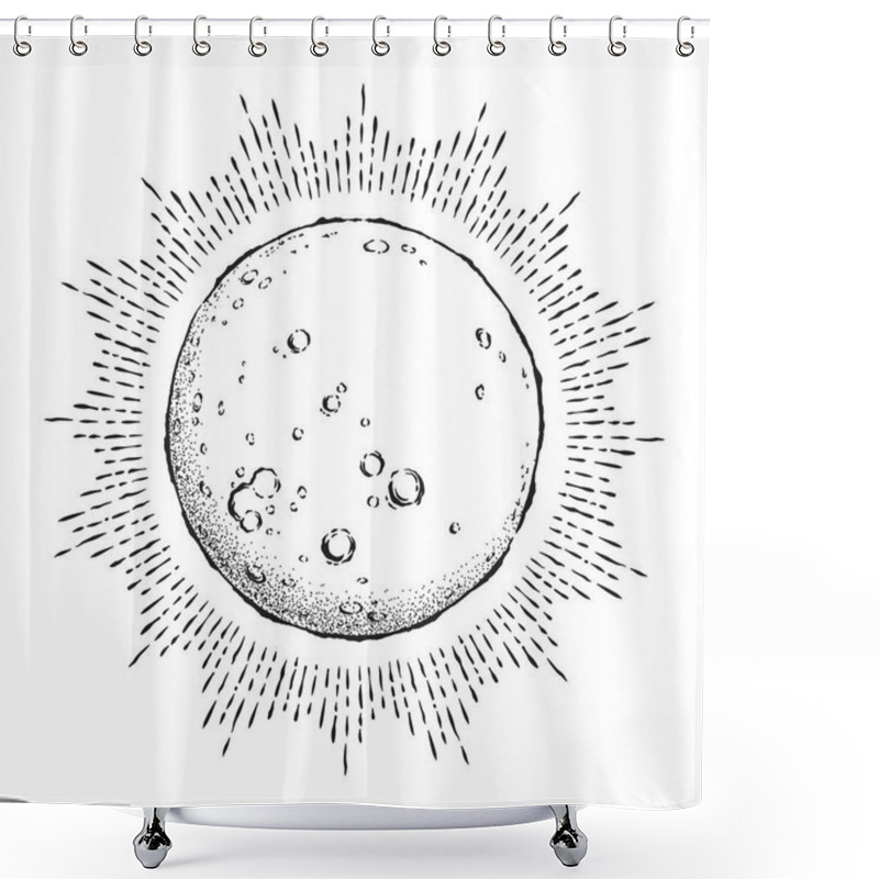 Personality  Antique Style Hand Drawn Line Art And Dot Work Full Moon With Rays Of Light. Boho Chic Tattoo Or Print Design Vector Illustration. Shower Curtains