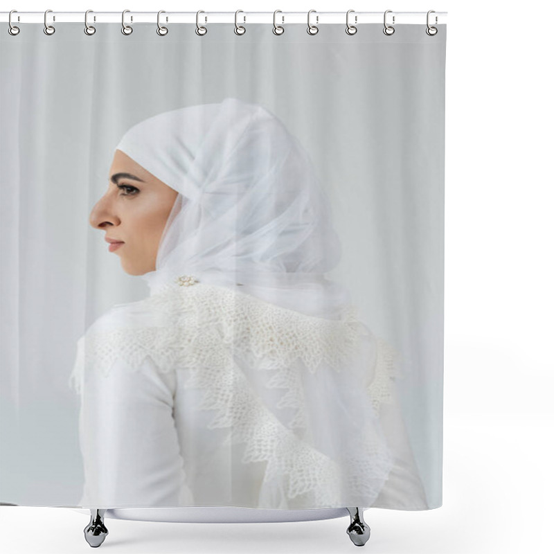 Personality  Side View Of Muslim Bride In Hijab And White Dress Isolated On Grey  Shower Curtains