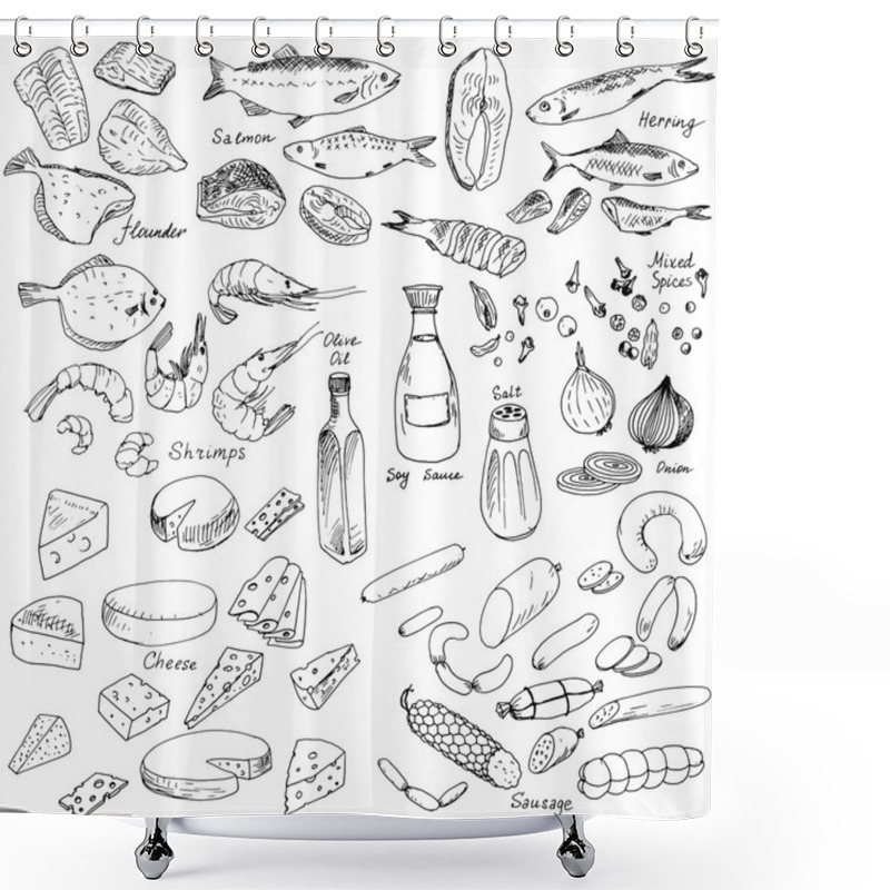 Personality  Meat,fish And Cheese, Food Set Shower Curtains