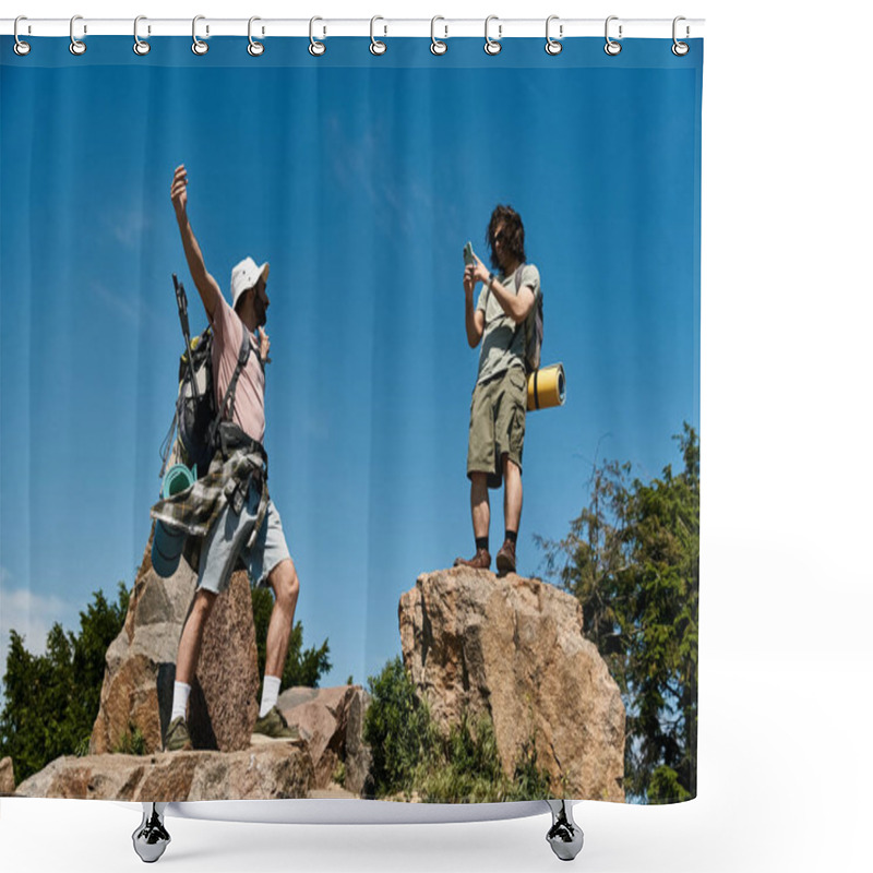 Personality  A Young Gay Couple Celebrates Reaching A Mountain Peak During A Summer Hike. Shower Curtains