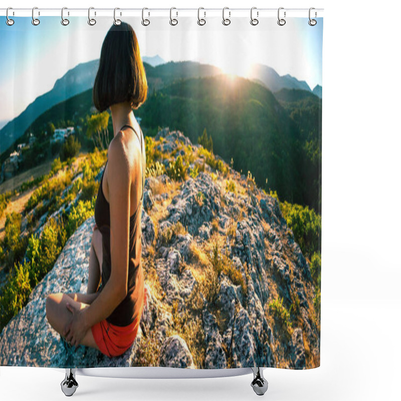 Personality  Woman Is Sitting On The Top Of The Mountain. Shower Curtains