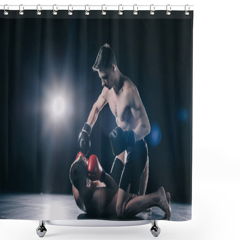 Personality  Shirtless Strong Mma Fighter In Boxing Gloves Standing On Knees Above Opponent And Punching Him Shower Curtains