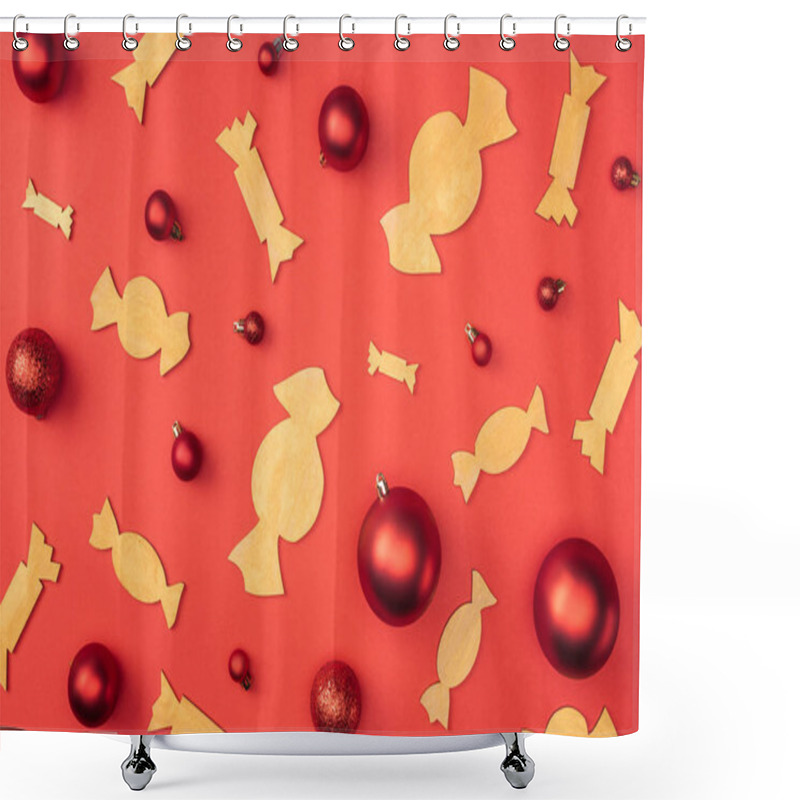 Personality  Flat Lay With Red Christmas Toys And Decorative Wooden Candies Isolated On Red Shower Curtains