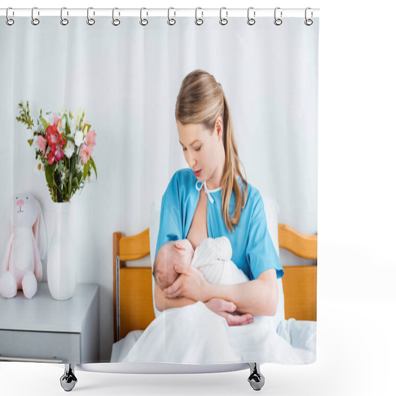 Personality  Young Mother Sitting In Bed And Breastfeeding Newborn Baby In Hospital Room Shower Curtains