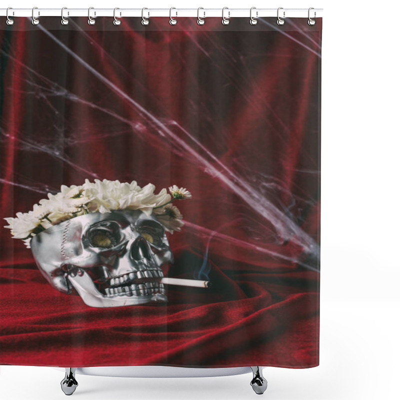 Personality  Silver Skull With Flowers Smoking Cigarette On Red Cloth With Spider Web  Shower Curtains