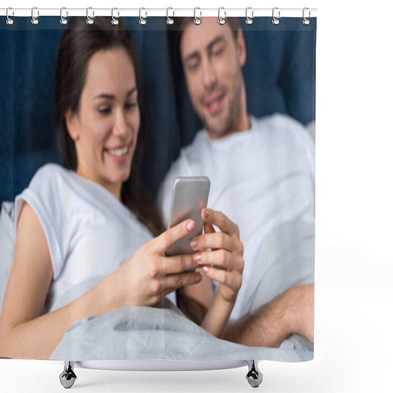 Personality  Woman Using Smartphone While Lying In Bed With Her Husband Shower Curtains