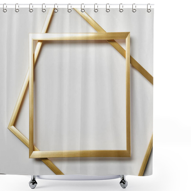 Personality  Top View Of Empty Golden Frames On White Background With Copy Space Shower Curtains