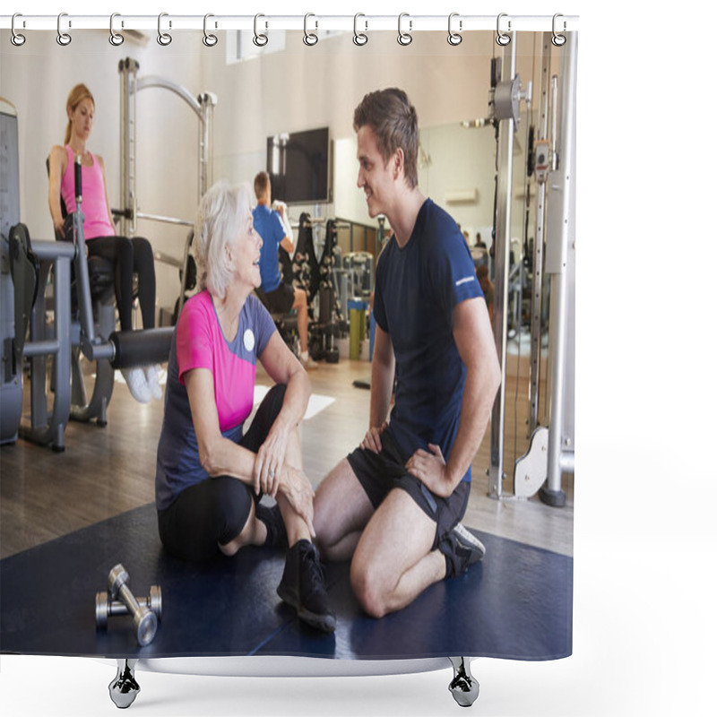 Personality  Senior Woman Discussing Exercise Program With Male Personal Trainer In Gym Shower Curtains