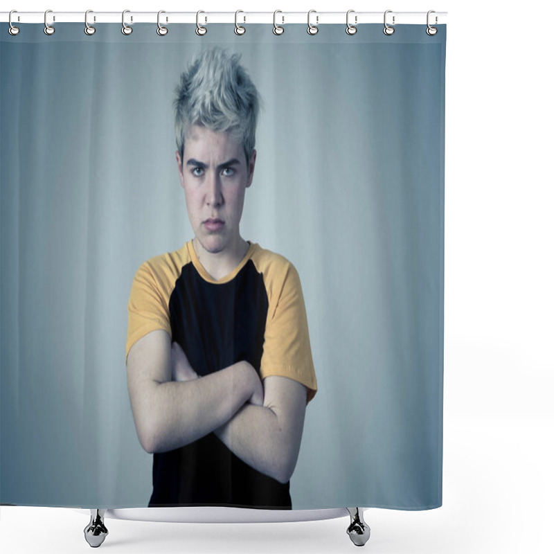 Personality  Young Handsome Transgender Teenager Feeling Angry And Distress About Inequality And Transgender Discrimination. Boy Looking Mad And Furious At Those Who Refuse To Respect Their Gender Identity. Shower Curtains