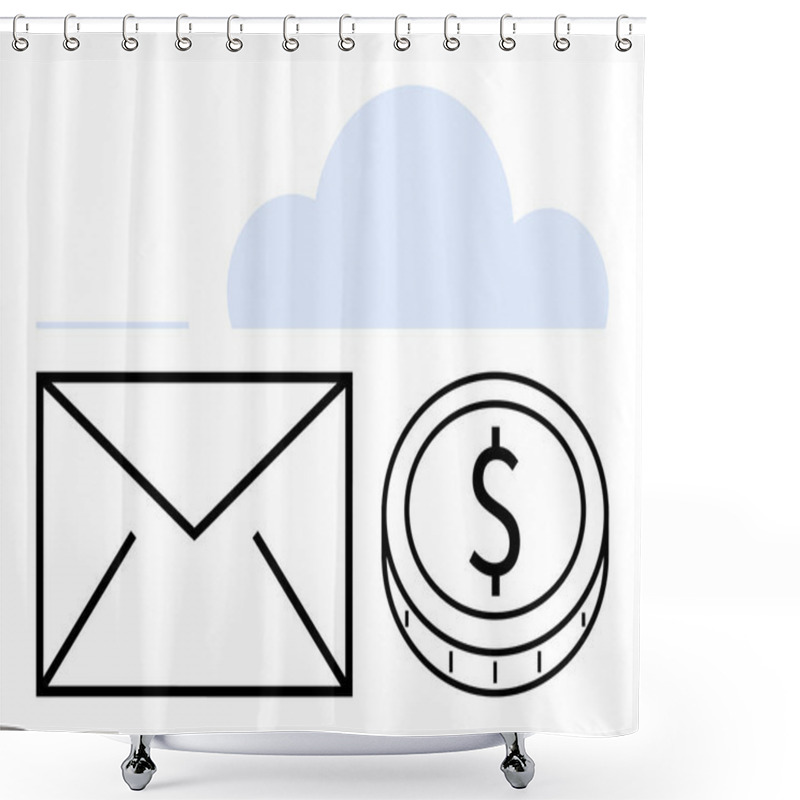 Personality  Envelope, Dollar Coin, And A Blue Cloud Evoke Ideas Of Online Communication, Financial Transactions, And Cloud Data Services. Ideal For Digital Finance, Email Services, Storage, And E-commerce Shower Curtains