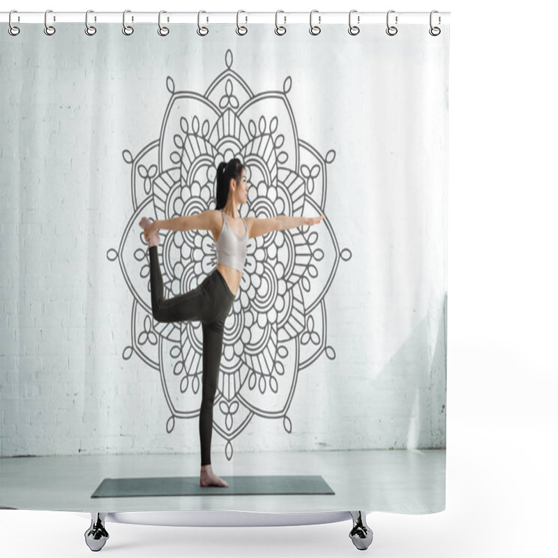 Personality  Asian Woman Practicing Yoga On Yoga Mat Near Mandala Ornament  Shower Curtains