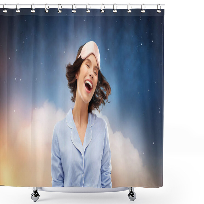 Personality  Happy Young Woman In Pajama And Eye Sleeping Mask Shower Curtains