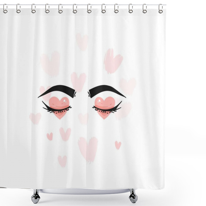 Personality  Hand Drawn Vector Abstract Greeting Happy Valentines Day Illustrations Invitation Card Template With Hearts And Women Eyes In Love In Pink Pastel Colors Isolated On White Background Shower Curtains