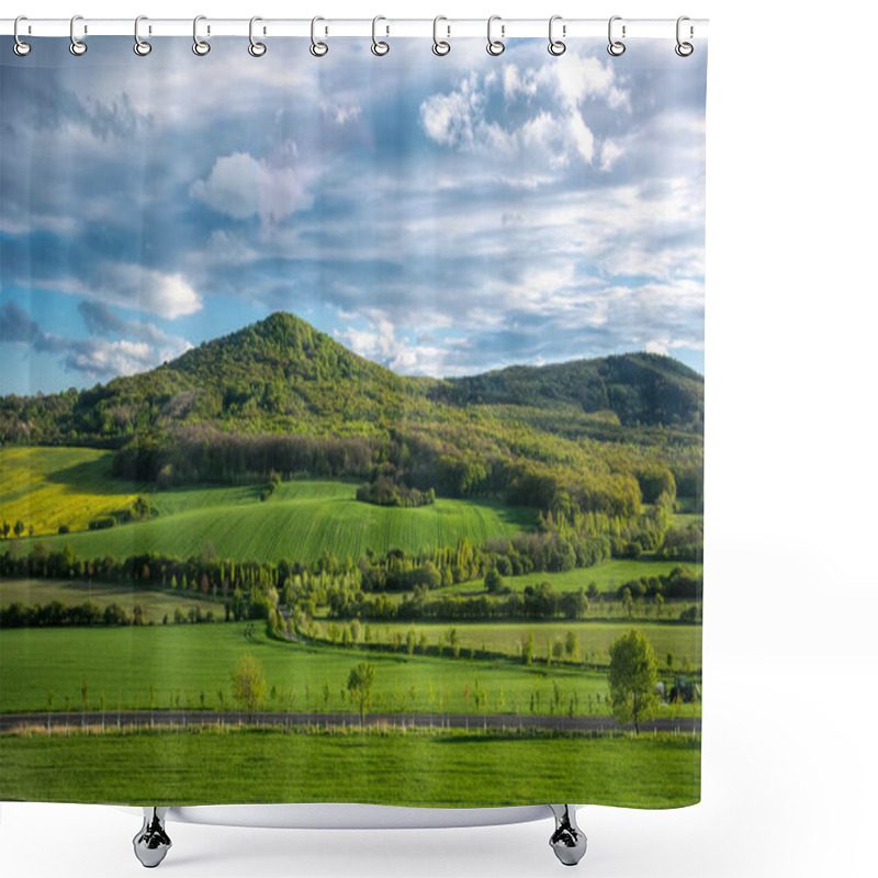 Personality  Ecotourism In Europe In Spring. Beautiful Fresh Rural Landscape In Saxony, Dresden Neighborhood, Germany. Plowed And Sown Fields And Villages Against The Backdrop Of A Cloudy Rain Sky. Pastoral Idyllic Landscape Shower Curtains