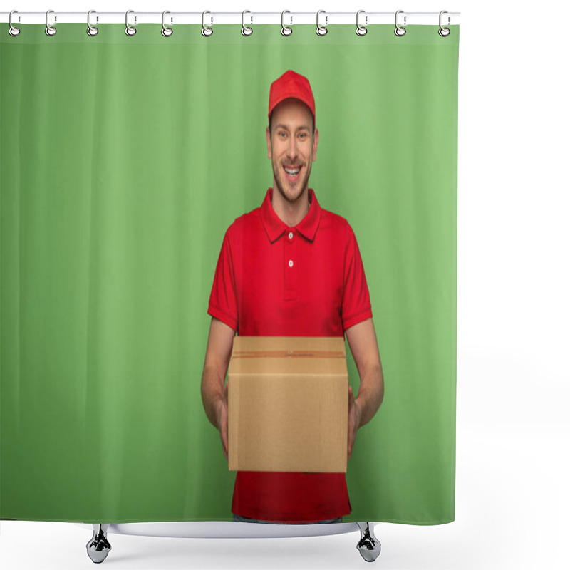 Personality  Smiling Delivery Man In Red Uniform Holding Parcel On Green Shower Curtains