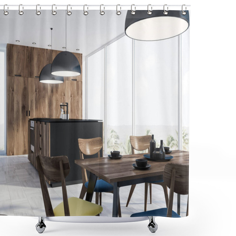 Personality  Panoramic Kitchen Interior With A Concrete Floor, A Table With Chairs, Wooden And Black Counters And Black Ceiling Lamps. 3d Rendering Shower Curtains