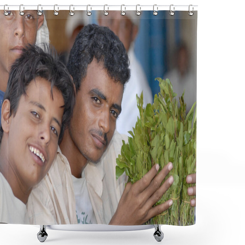 Personality  Men Sell Khat At The Local Market In Lahij, Yemen. Shower Curtains