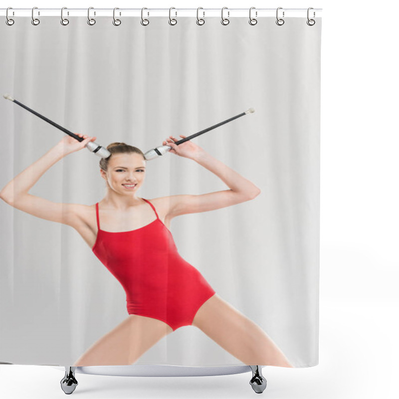 Personality  Woman Rhythmic Gymnast Holding Clubs Shower Curtains